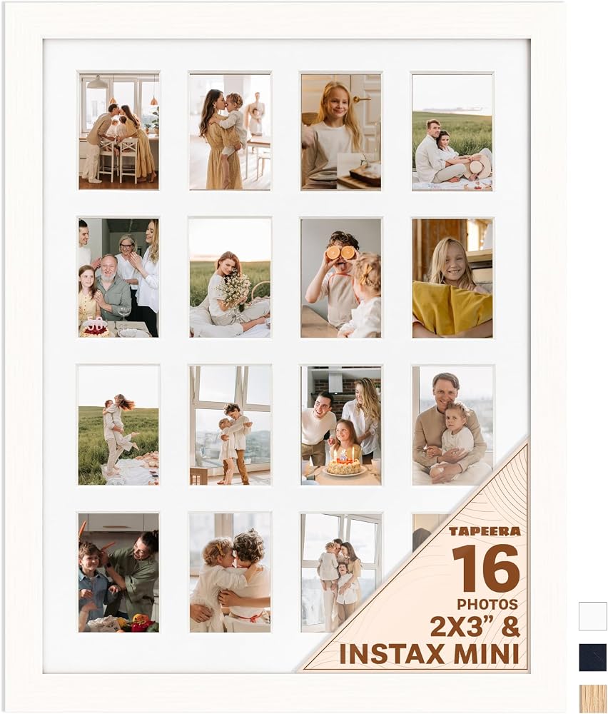 White collage picture frame holding 16 Instax Mini or Polaroid Hi-Print photos in a four by four grid